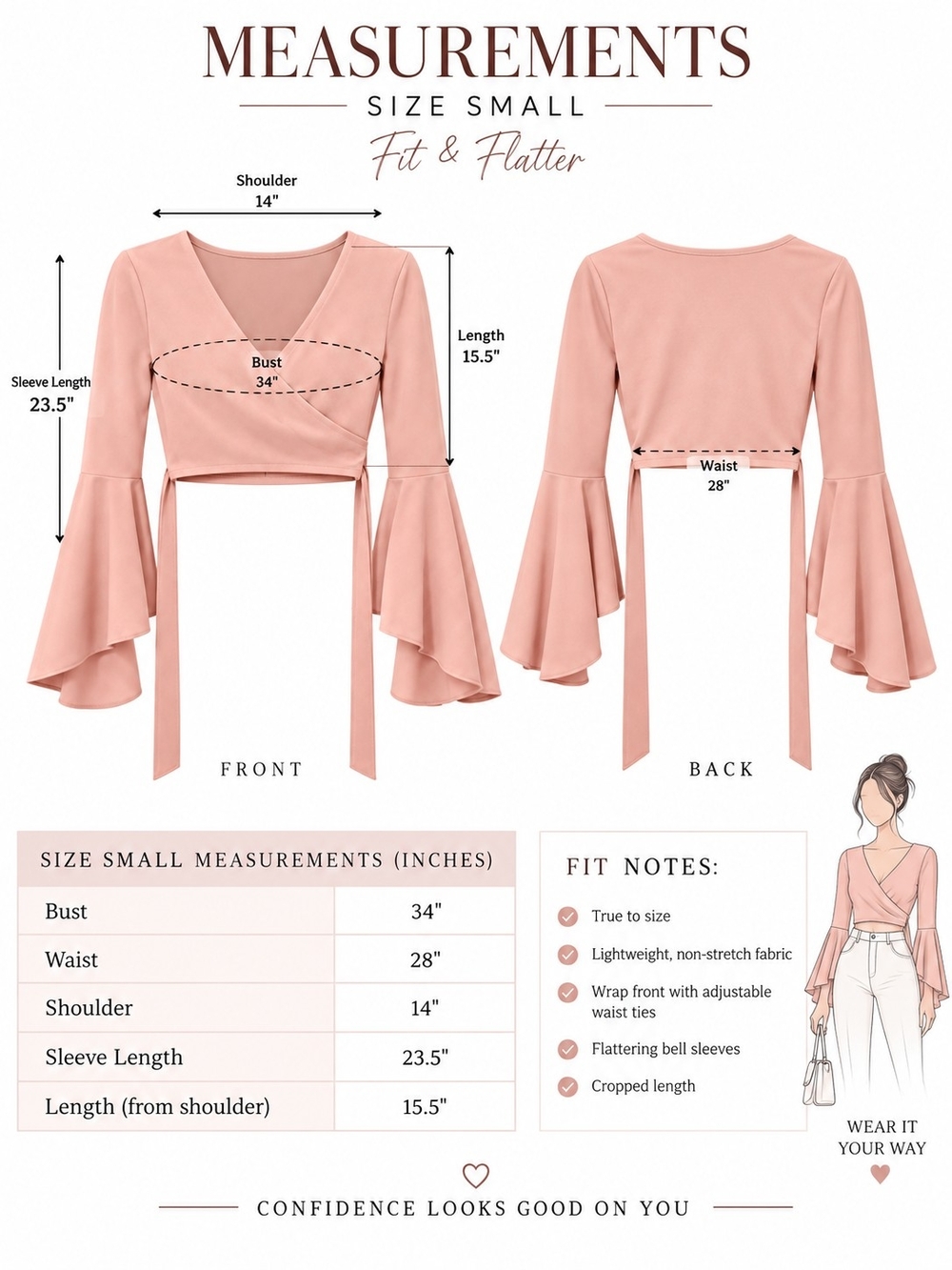 SHEIN Blush Pink Wrap Crop Top with Flared Bell Sleeves - Picture 6 of 6